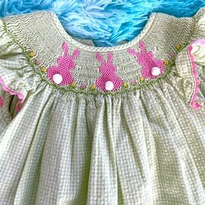 Easter Bunny Smocked Green Gingham Dress 2T